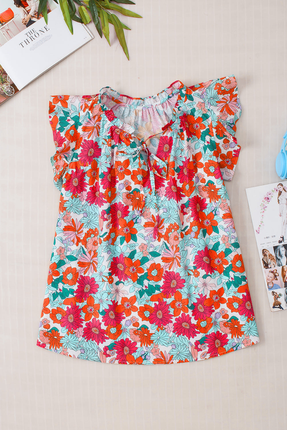 Floral Print Drawstring V Neck Ruffled Tank Top