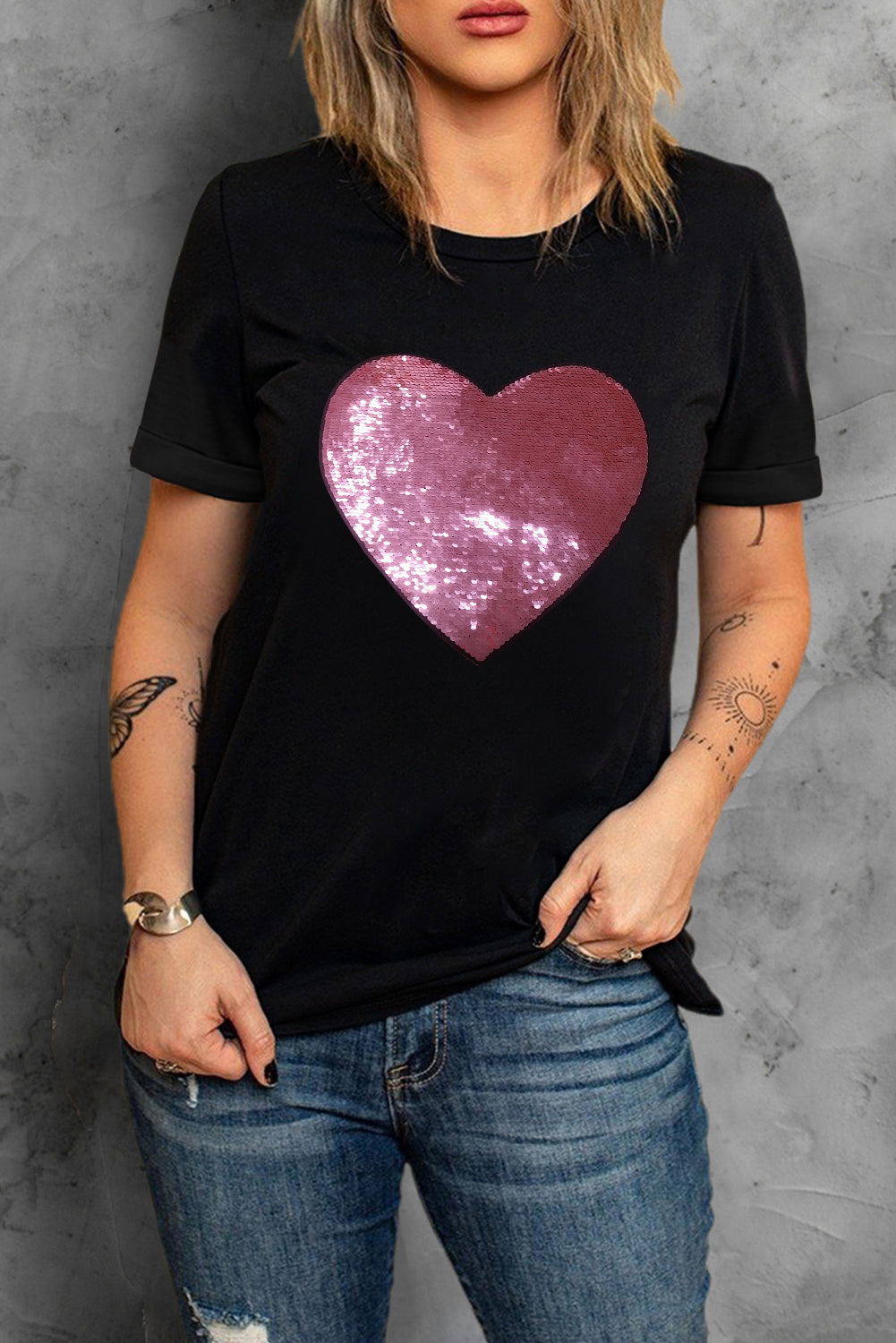Valentine Sequin Heart Shaped Crew Neck T Shirt