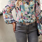 Printed Floral Bubble Sleeve Frill Mock Neck Blouse