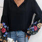 Floral Patched Flounce Sleeve Split Neck Blouse
