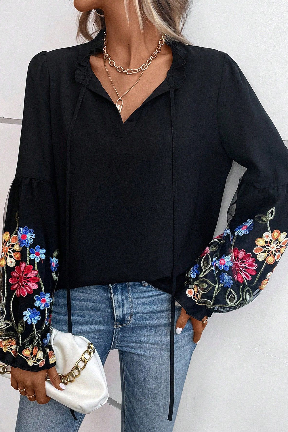 Floral Patched Flounce Sleeve Split Neck Blouse