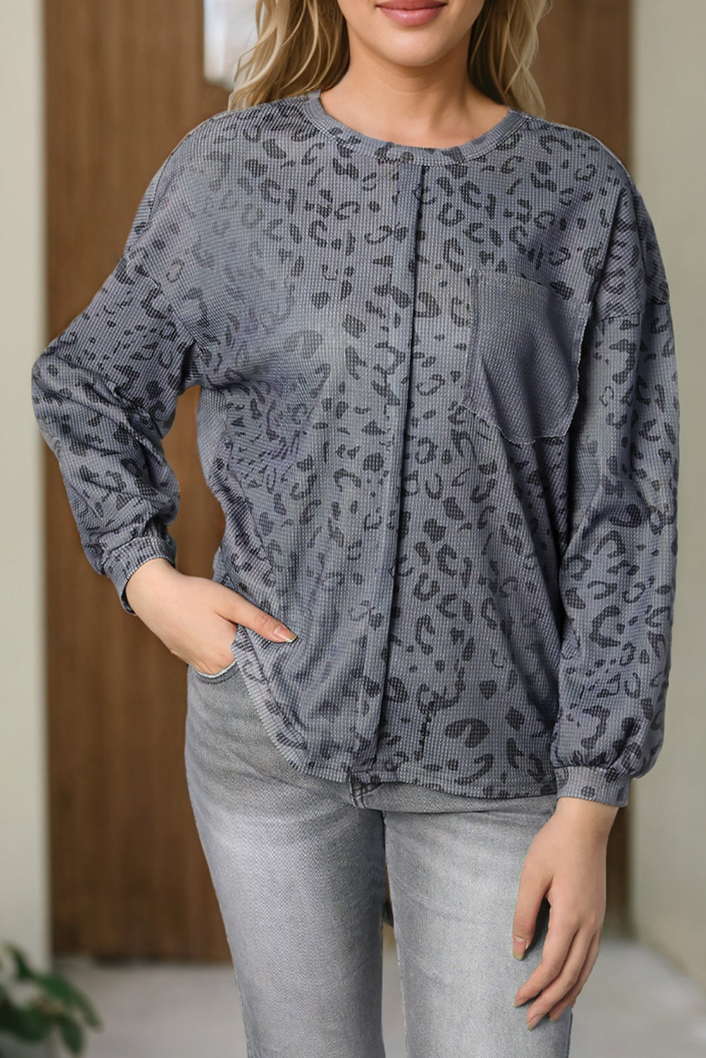 Leopard Print Waffle Knit Long Sleeve Top