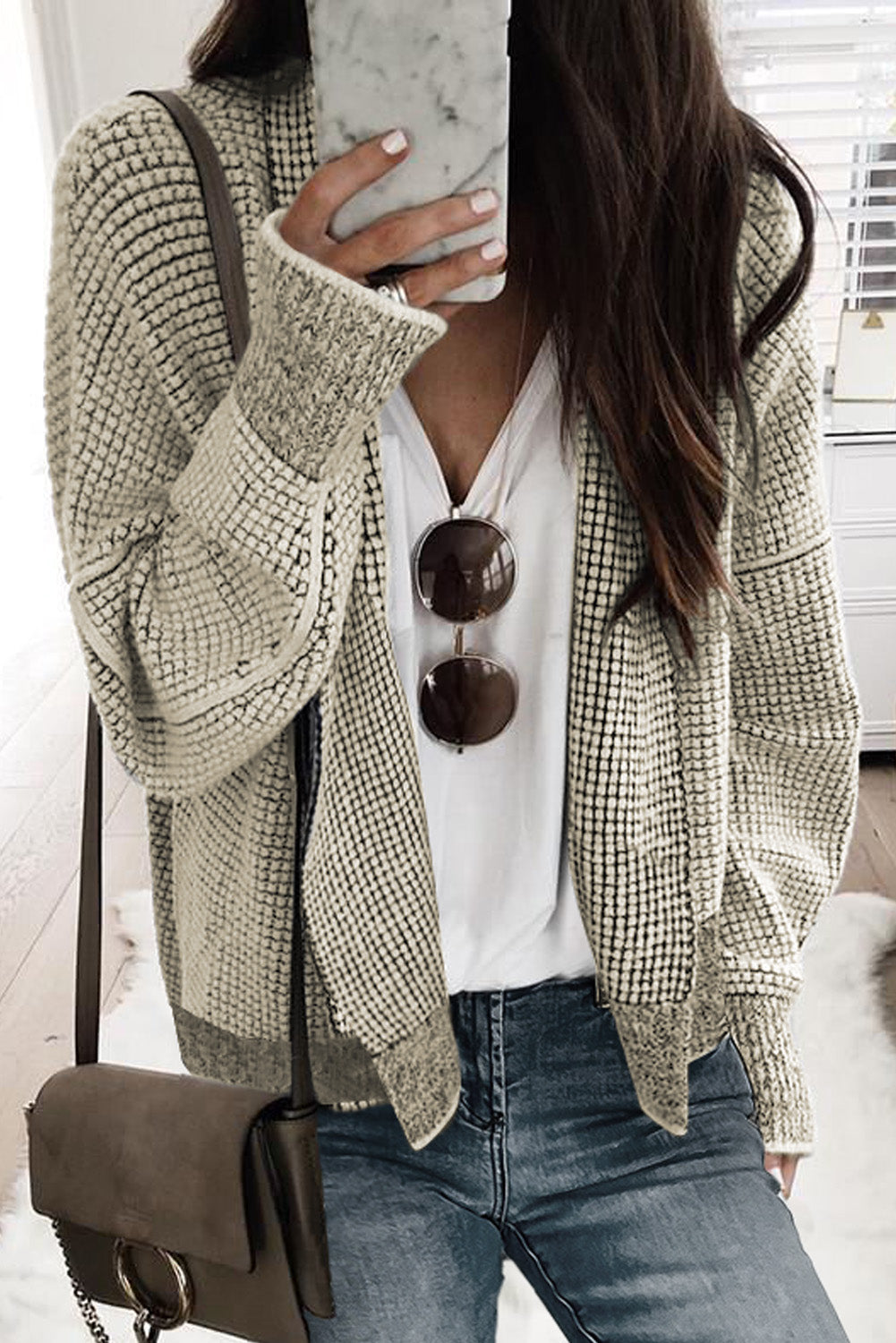 Plaid Contrast Trim Open Front Cardigan