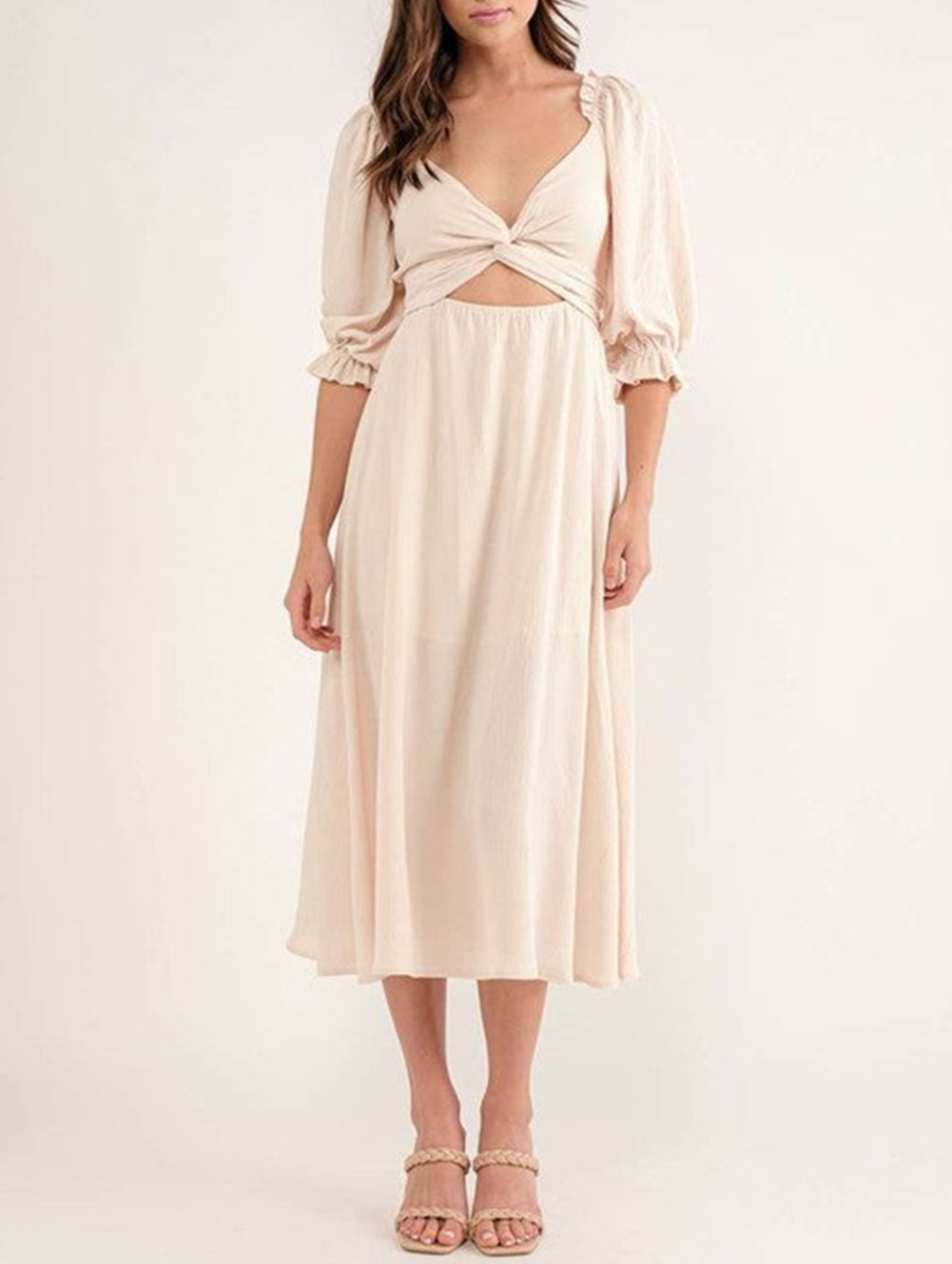 Beige Puff Sleeve Cross Tie Cut Out Maxi Dress