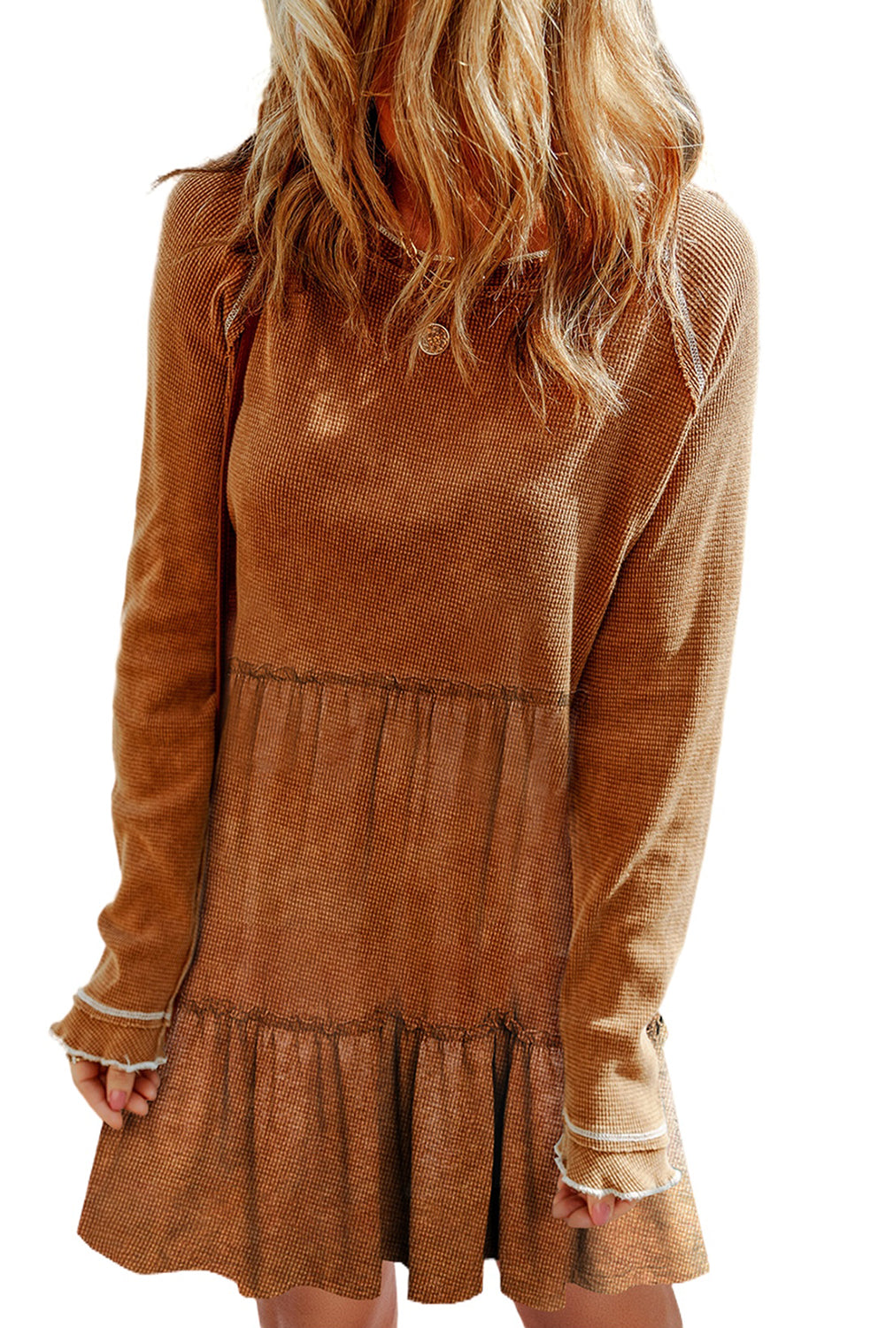 Textured Tiered Ruffled Long Sleeve Mini Dress