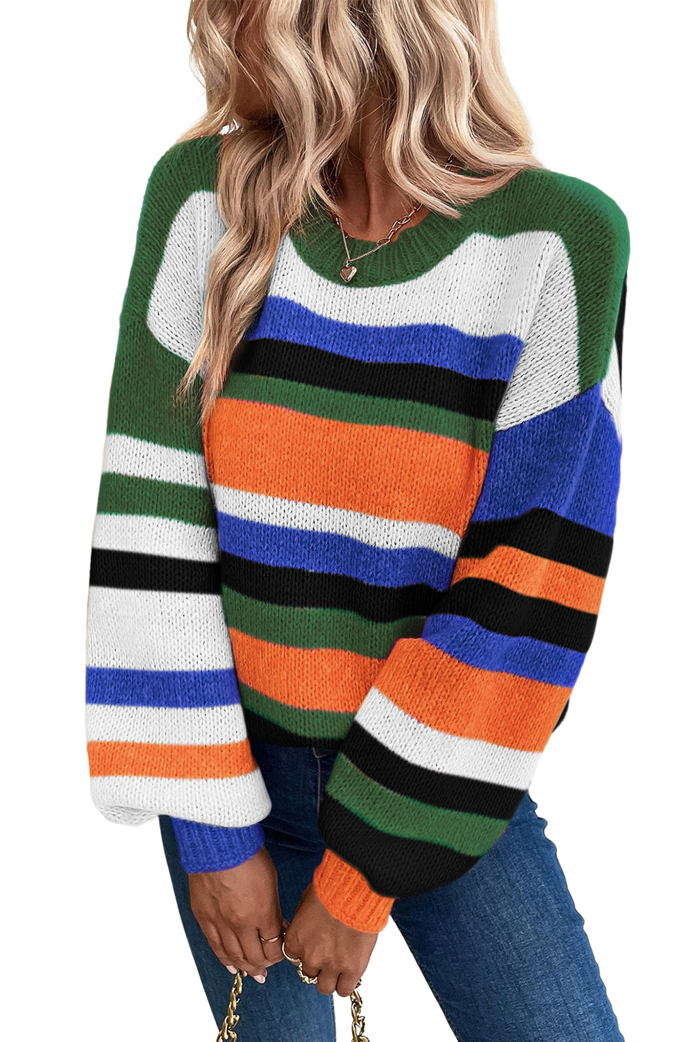 Striped Knit Drop Shoulder Puff Sleeve Sweater