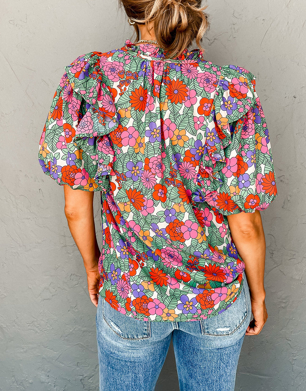 Floral Tie Split Neck Ruffle Puff Sleeve Blouse