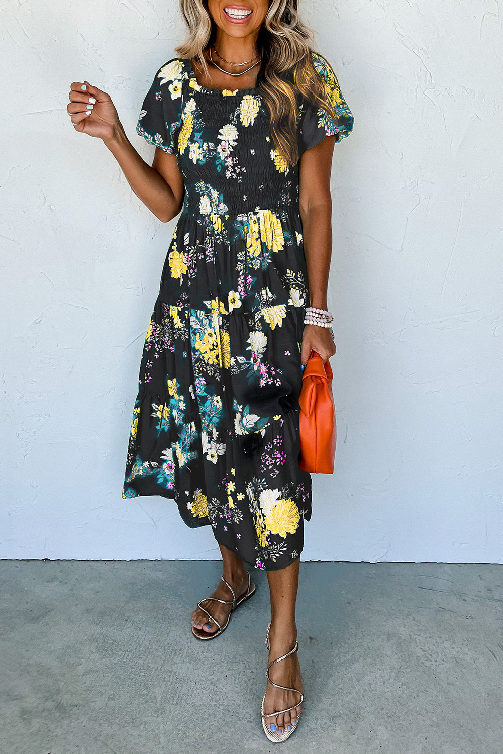 Floral Print Bubble Sleeve Smocked Tiered Midi Dress