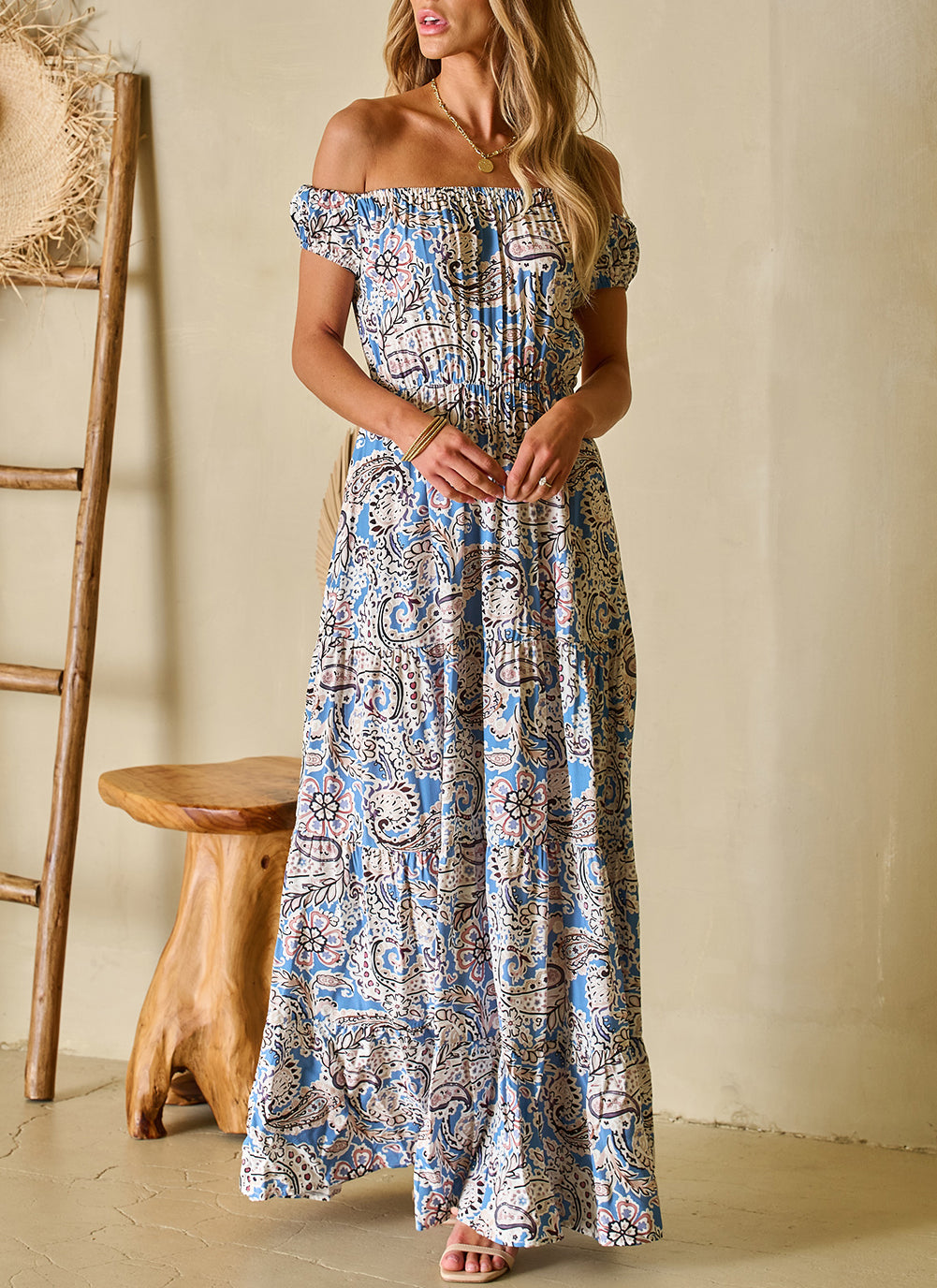 Boho Paisley Print Off Shoulder Maxi Dress
