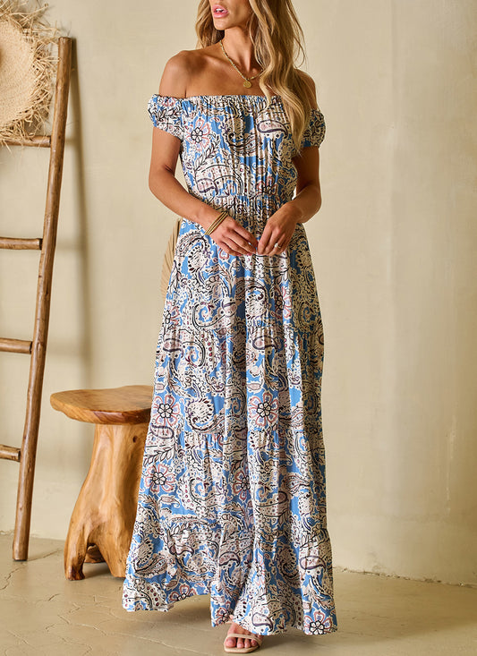 Boho Paisley Print Off Shoulder Maxi Dress