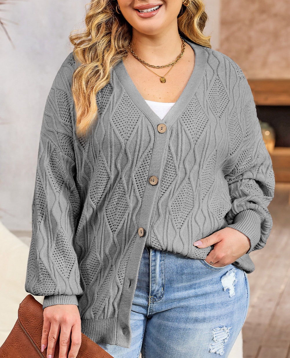 Plus Size Knitted Hollow out Button up Cardigan
