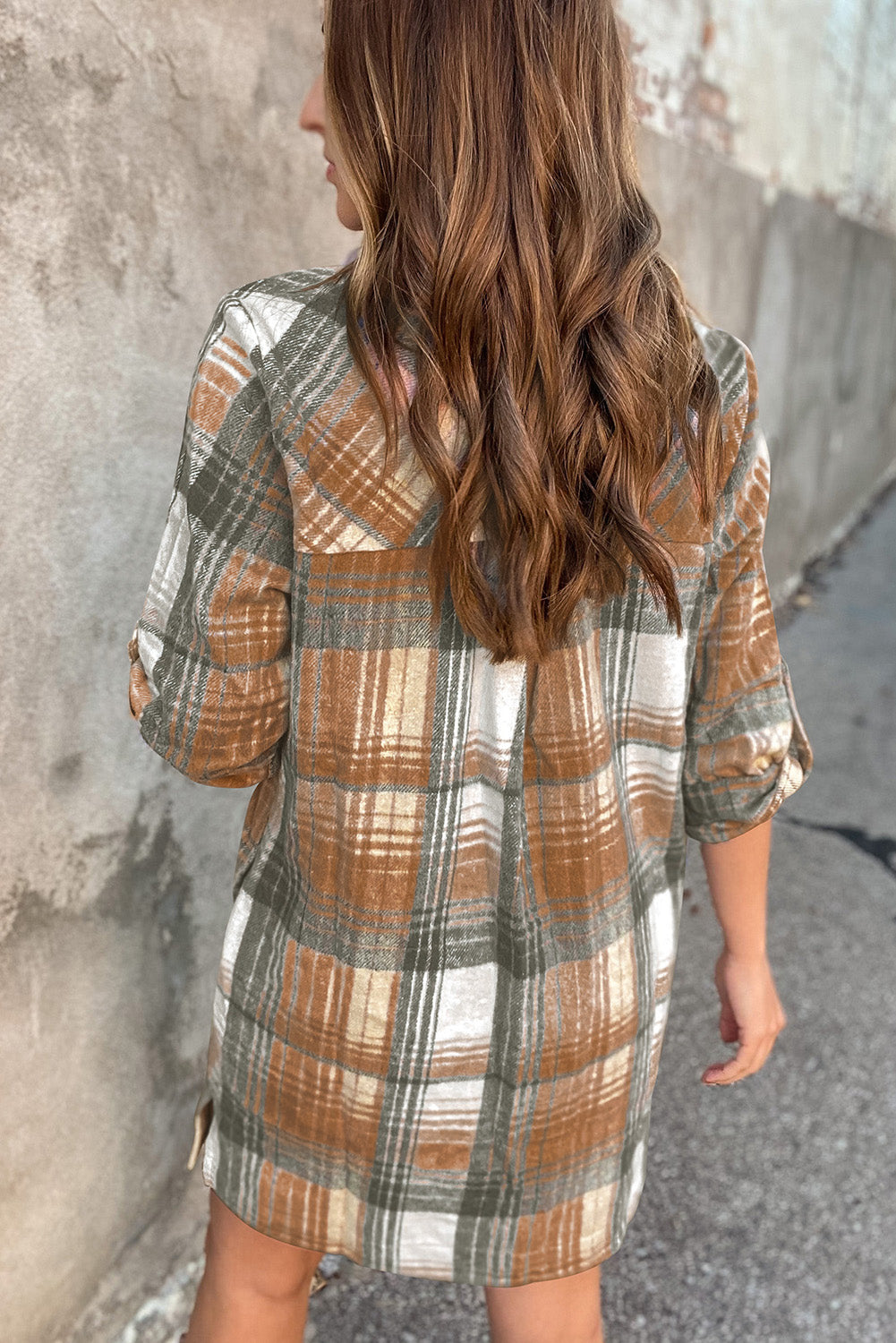 Plaid Roll-tab Sleeve Side Slit Shirt Dress