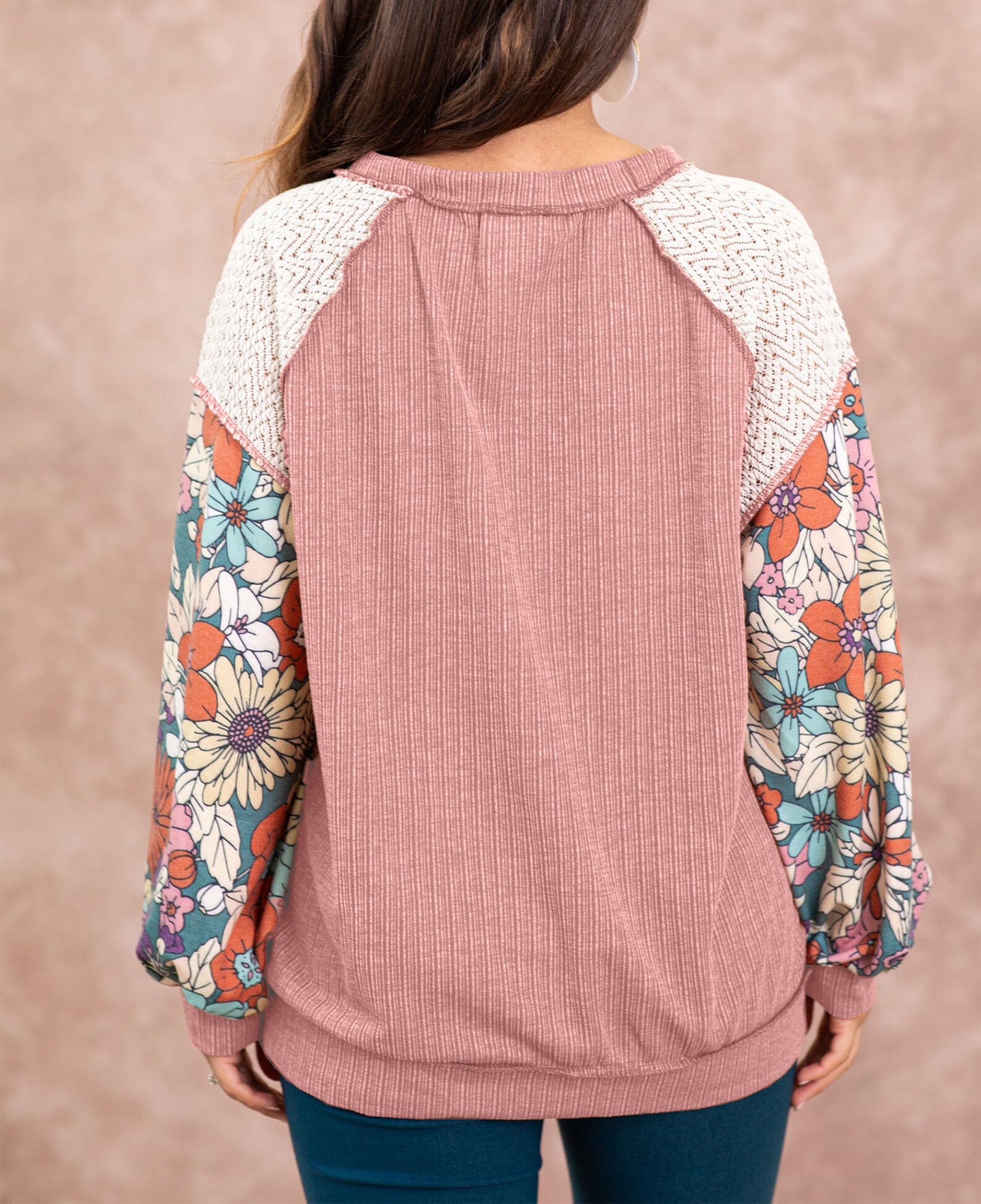 Floral Patchwork Puff Sleeve Textured Blouse
