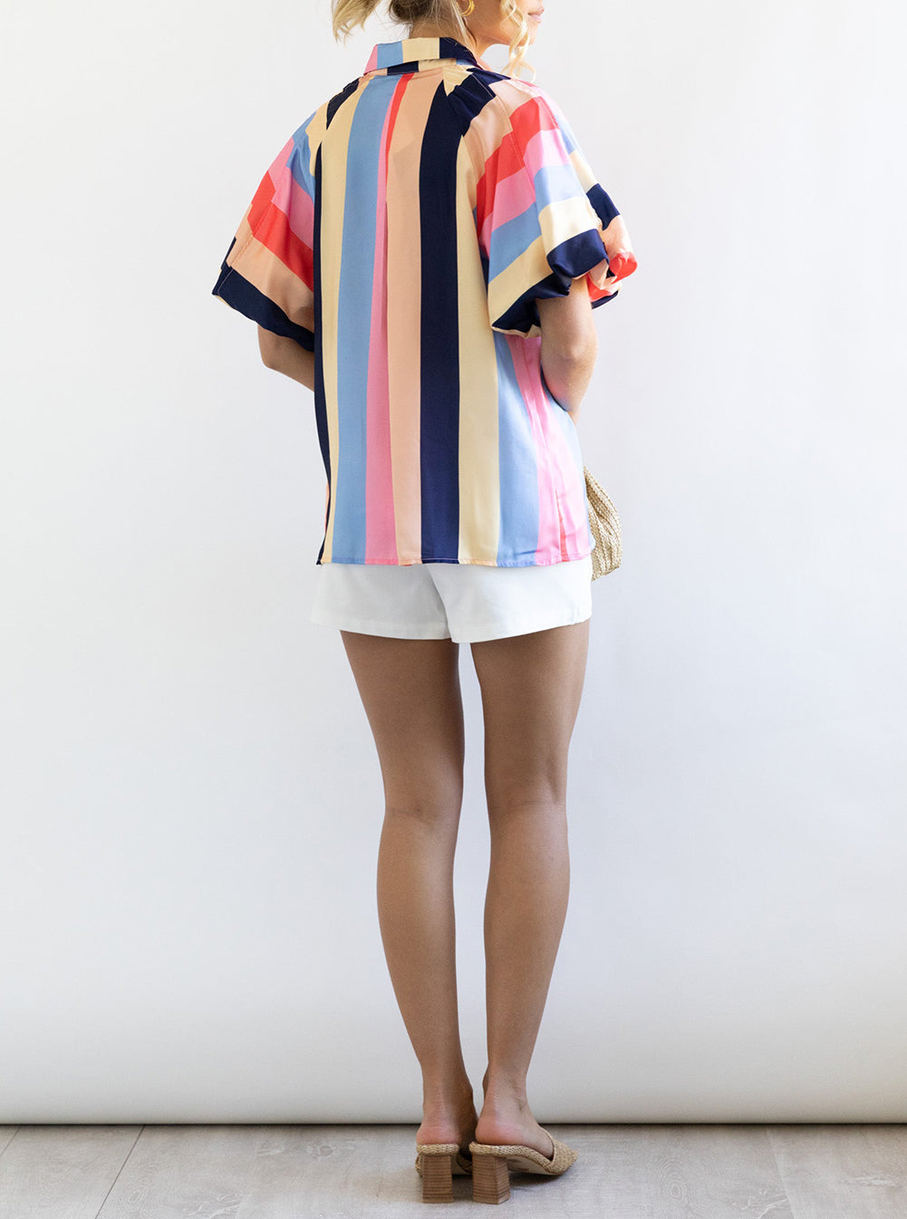 Color Block Striped Puff Sleeve Buttoned Shirt