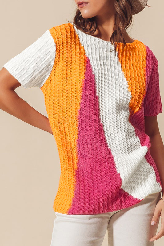 Textured Knit Colorblock Short Sleeve Sweater