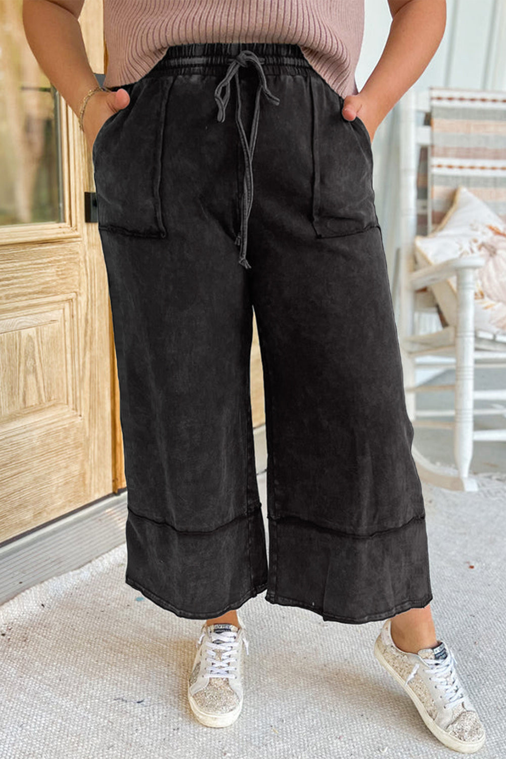 Plus Mineral Wash Exposed Seam Wide Leg Cropped Pants