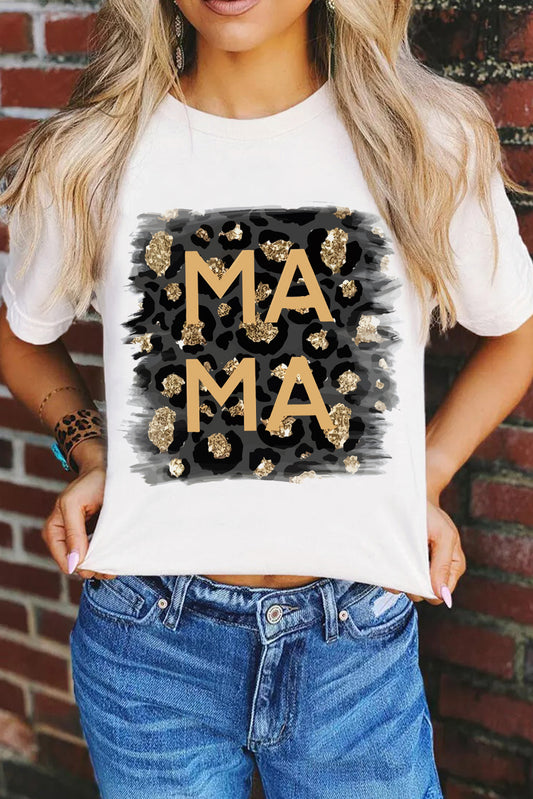 MAMA Leopard Color Block Crew Neck Casual Tee