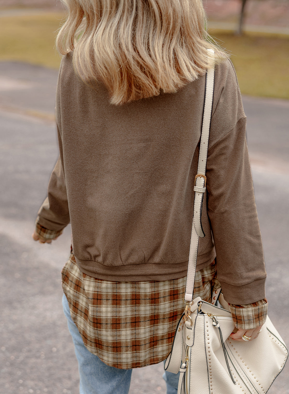 Plaid Patchwork Knotted Hem High Neck Blouse