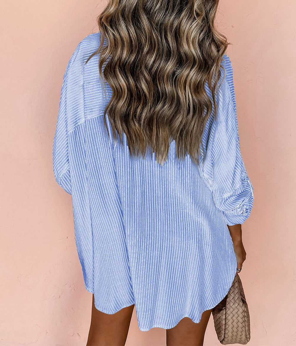 Stripe Roll-tab Sleeve Pocketed Long Shirt