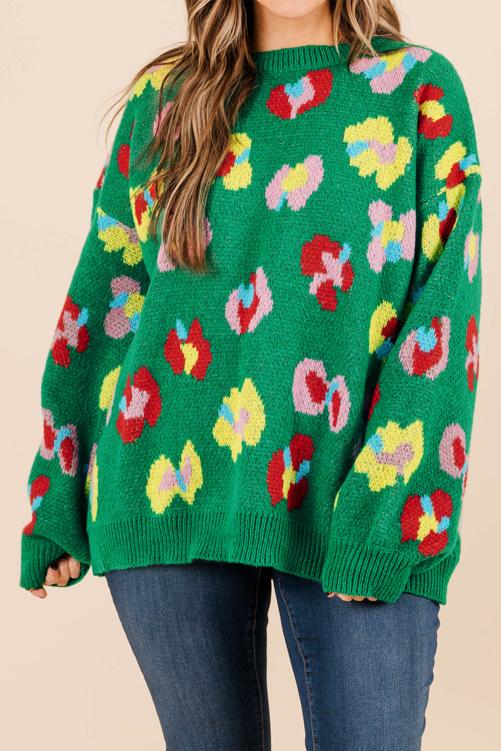 Plus Size Floral Knitted Ribbed Edge Drop Shoulder Sweater