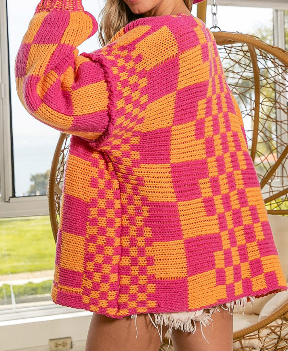 Open Front Mixed Checkered Pattern Knit Cardigan