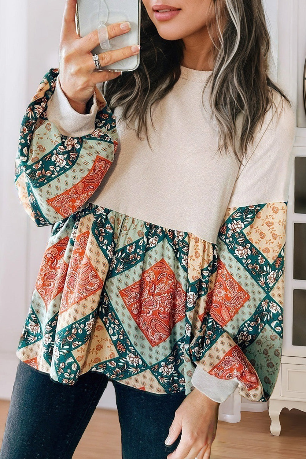 Geometric Patchwork Crew Neck Loose Fit Top