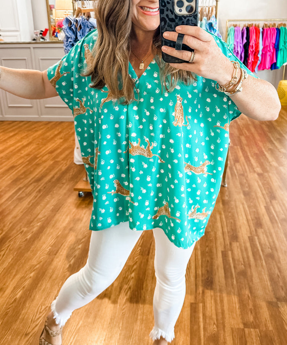 Cheetah Print V Neck Short Sleeve Plus Top