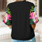 Floral Embroidered Puff Sleeve Notched Neck Blouse