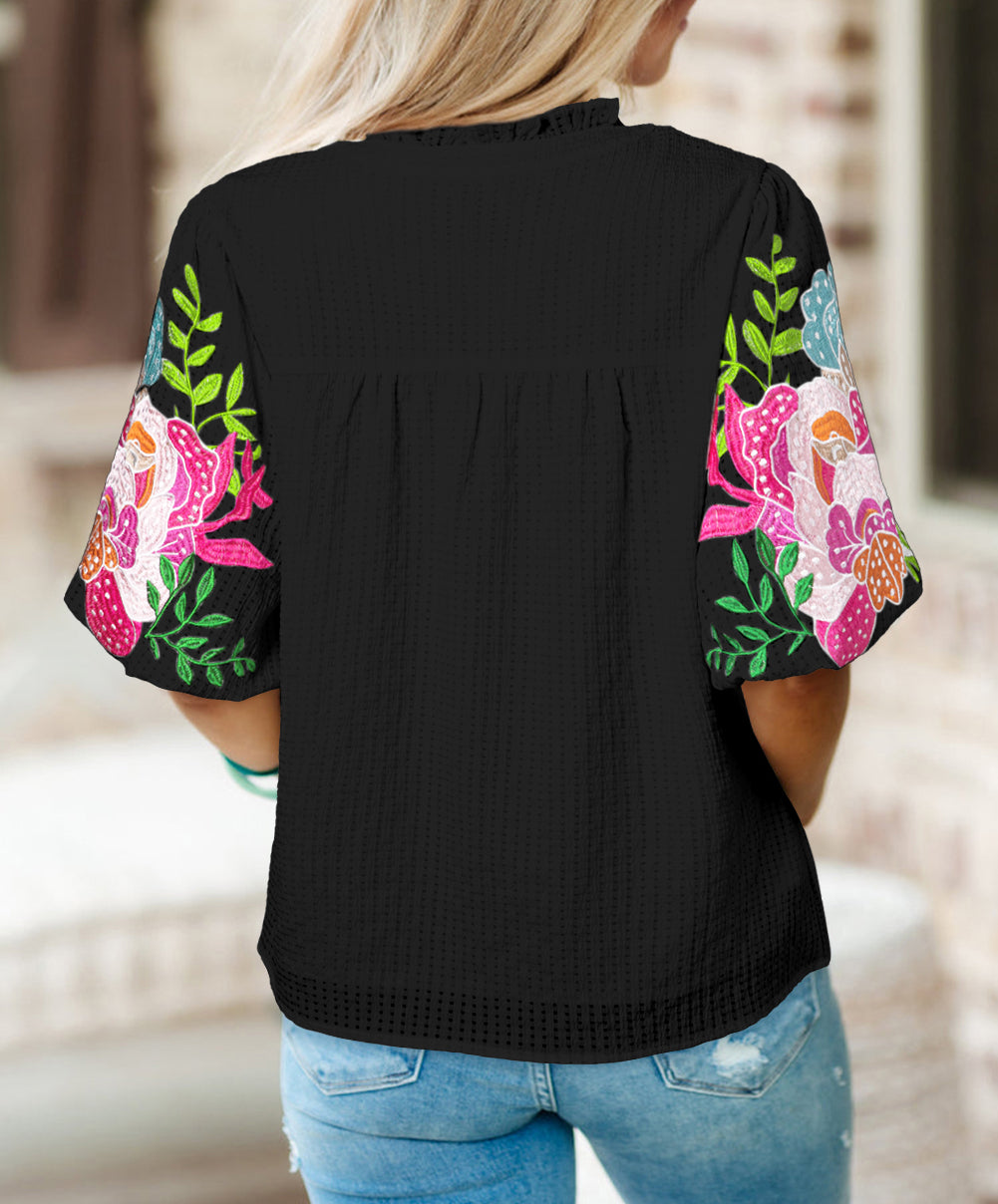Floral Embroidered Puff Sleeve Notched Neck Blouse