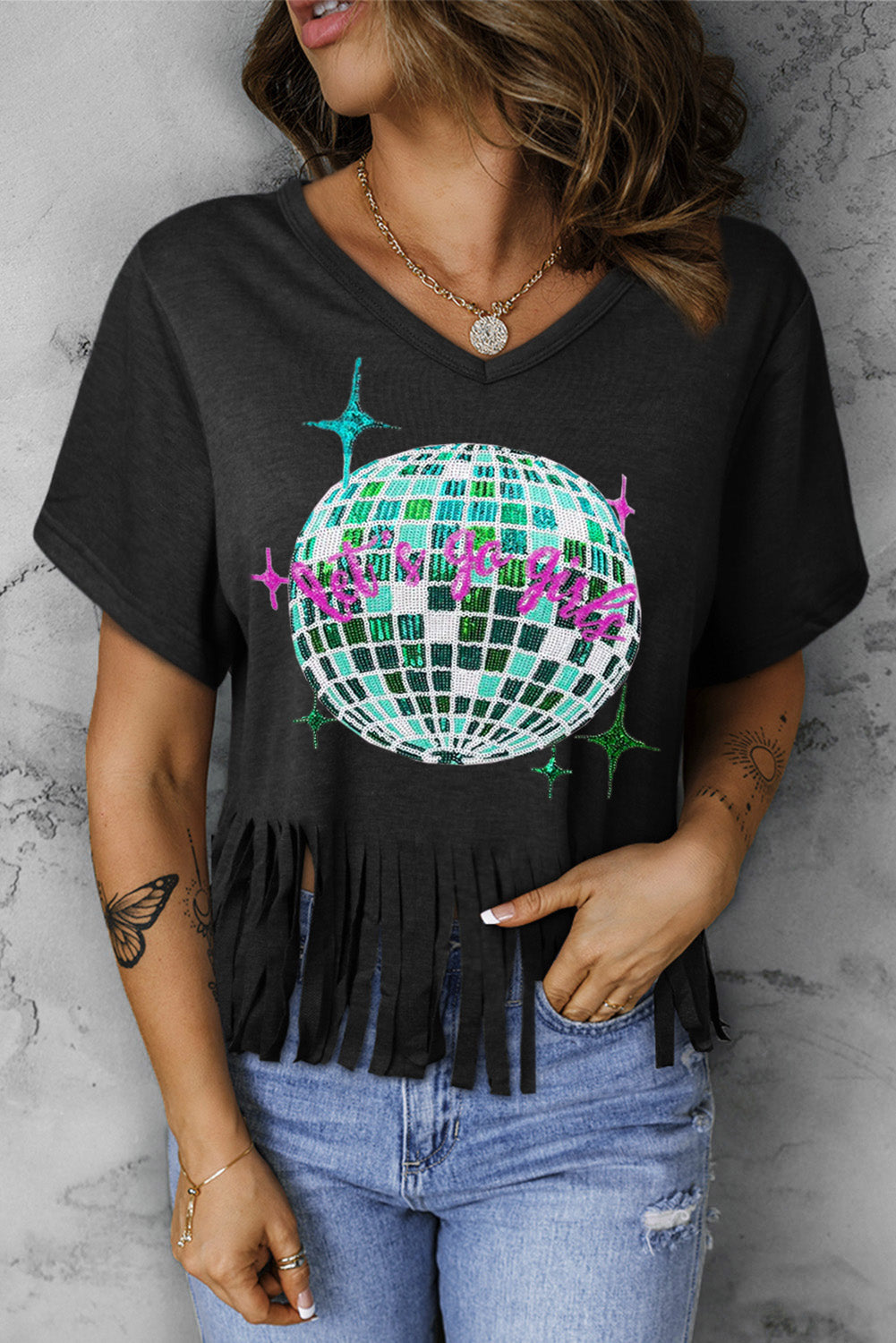 Sequined Disco Ball Fringed V Neck T Shirt