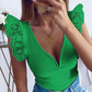 Green V Neck Flutter Shoulder Ribbed Knit Top