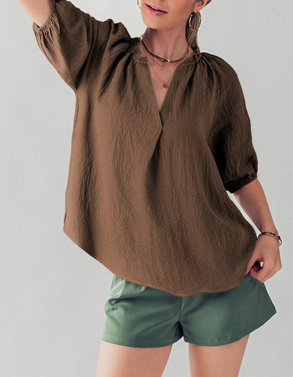 Frill Split Neck Puff Sleeve Crinkle Blouse