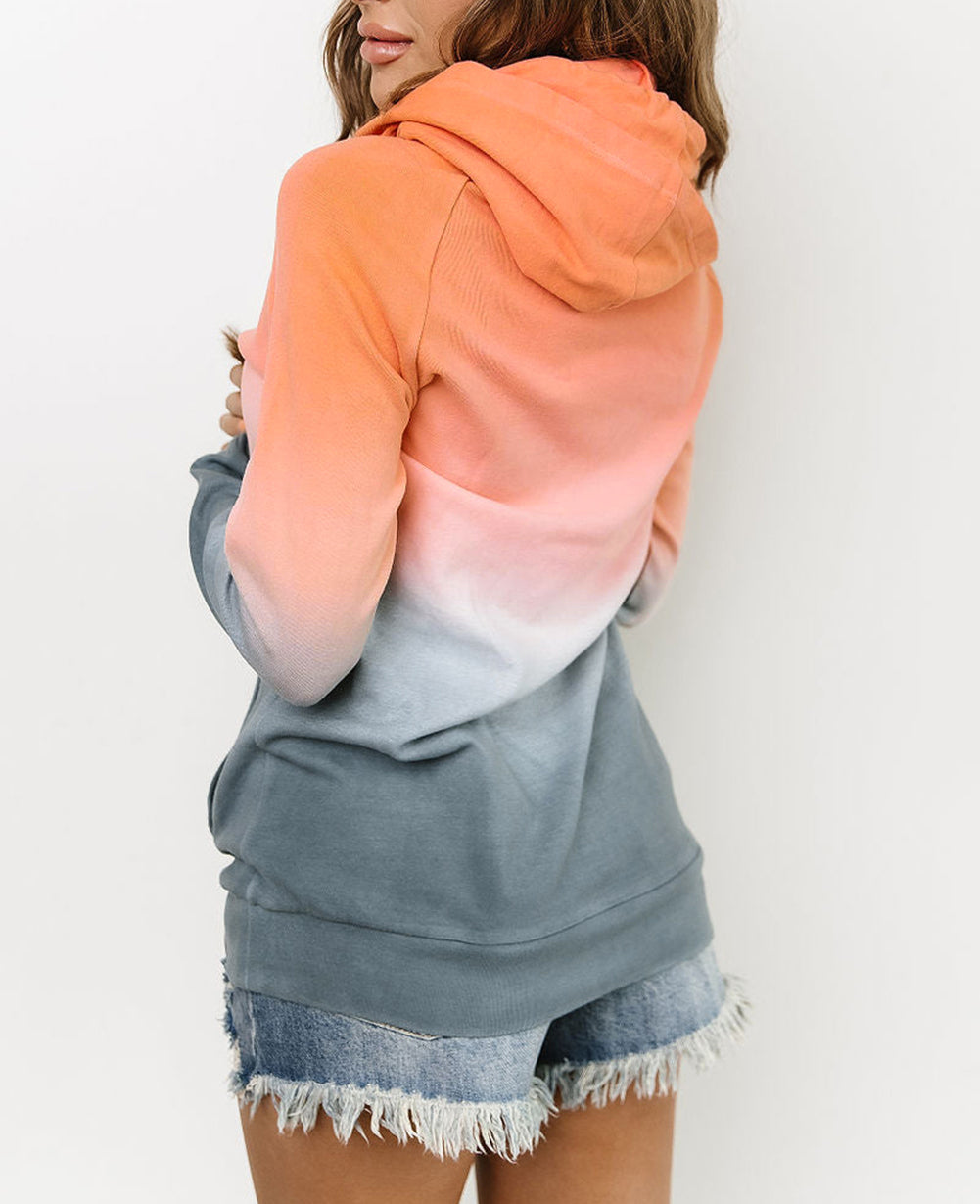 Gradient Thumbhole Sleeve Pocketed Zipper Hoodie