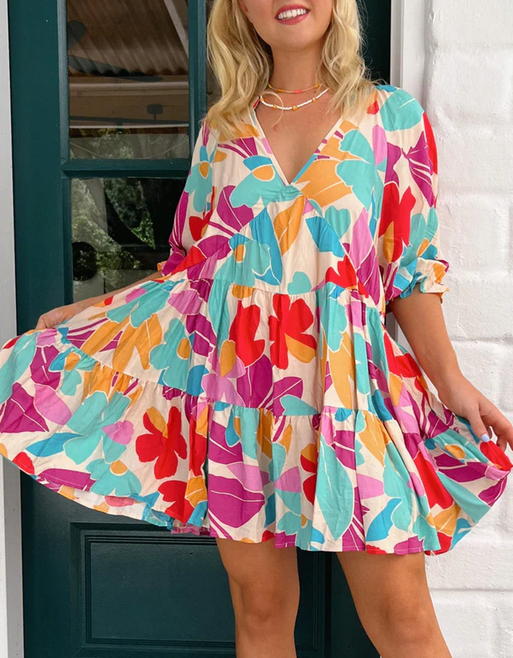 Floral Tiered V Neck Plus Dress