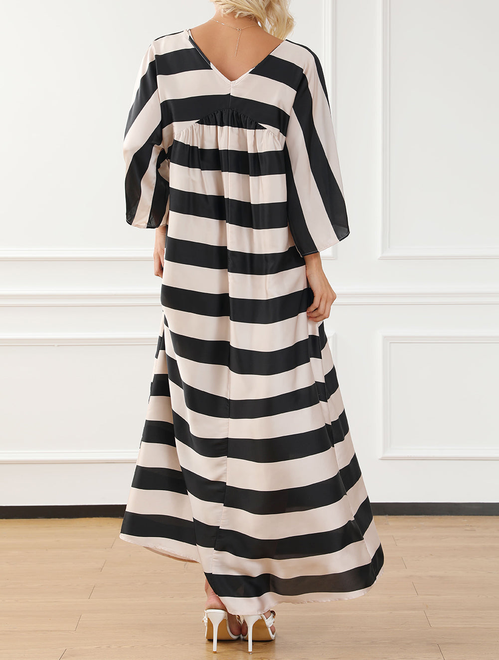 V Neck Kimono Sleeve Striped Maxi Dress