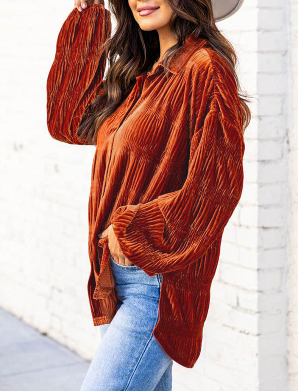 Solid Color Textured Velvet Button Up Shirt