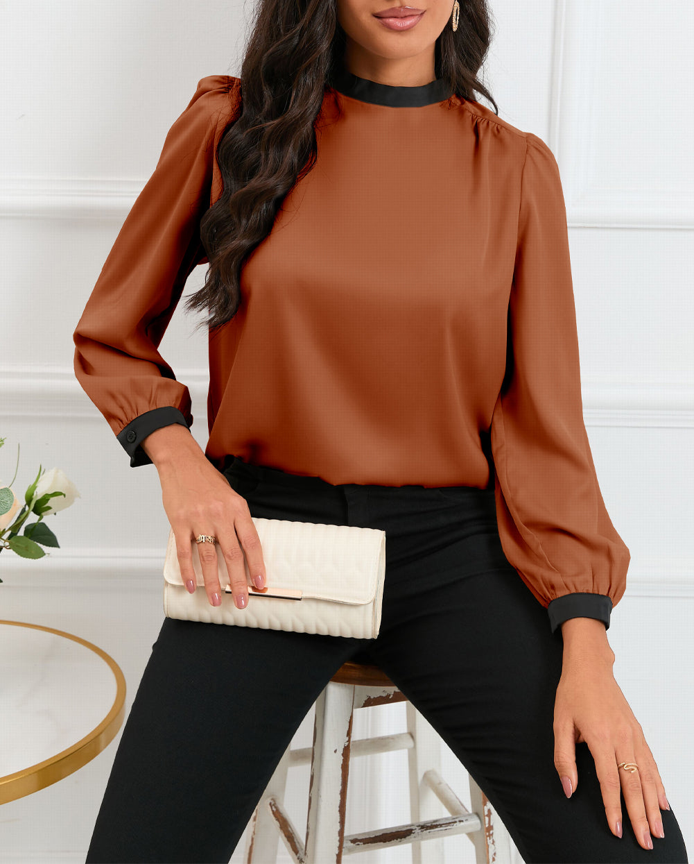 Color Block Bow Back Mock Neck Blouse