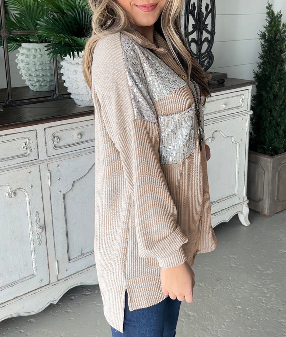 Sequin Patch Chest Pocket Corded Shacket