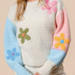 Floral Embroidered Colorblock Fuzzy Drop Shoulder Sweater