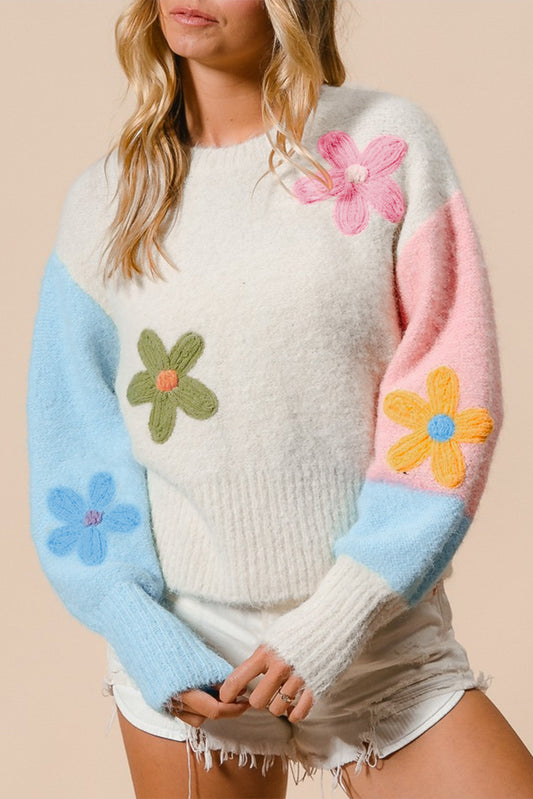 Floral Embroidered Colorblock Fuzzy Drop Shoulder Sweater