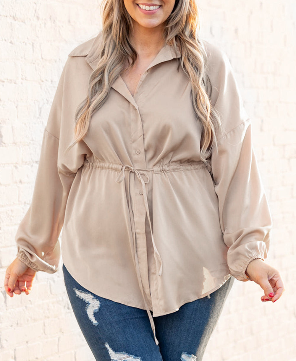 Plus Size Puff Sleeve Tied Tunic Shirt