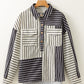 Stripe 2-tone Patchwork Half Buttons Chest Pockets Casual Blouse