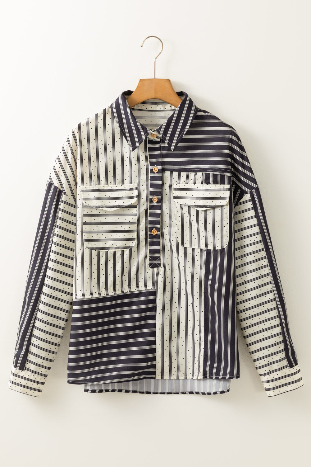 Stripe 2-tone Patchwork Half Buttons Chest Pockets Casual Blouse