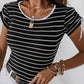 Striped Drawstring Sleeve Contrast Neckline T Shirt