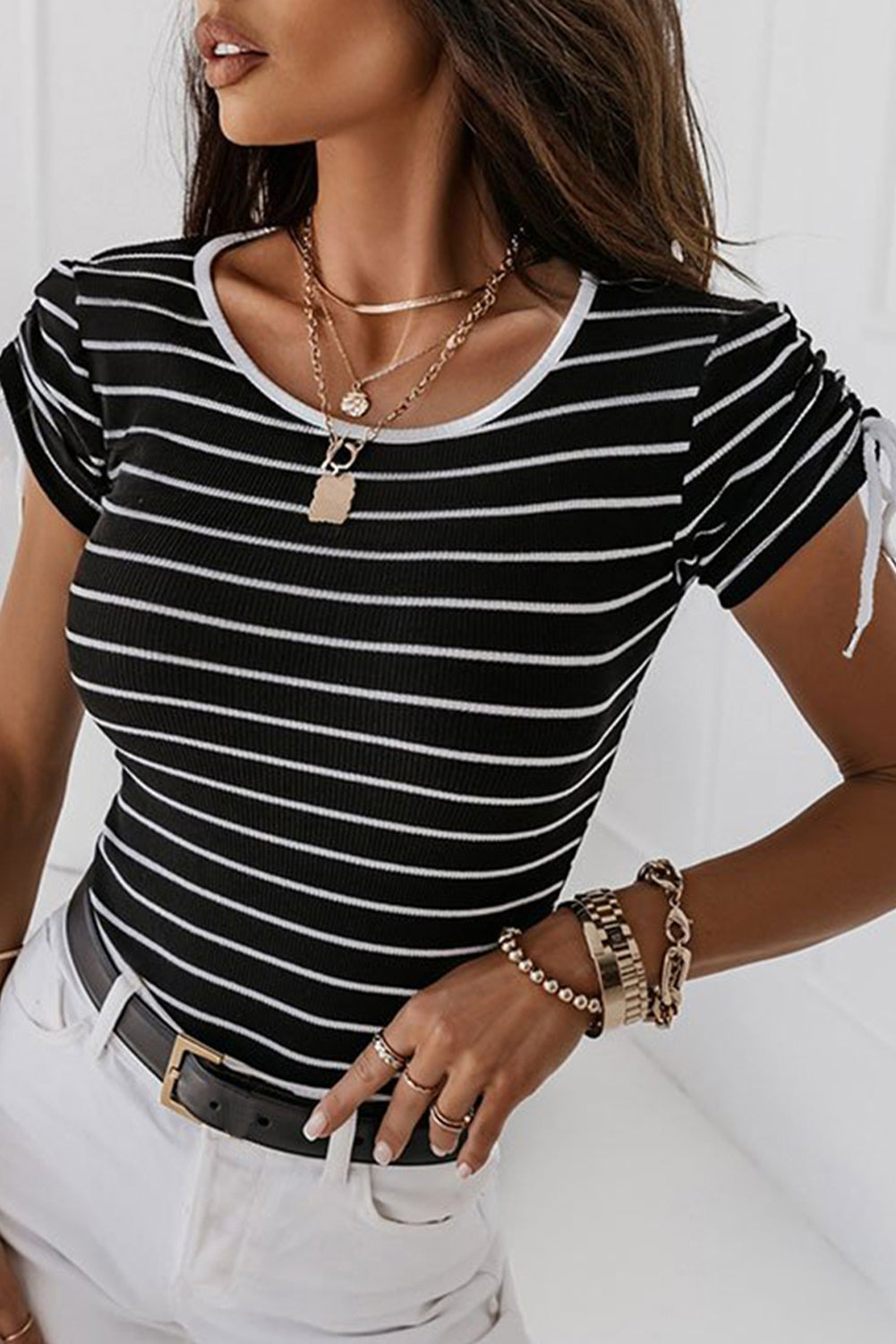 Striped Drawstring Sleeve Contrast Neckline T Shirt