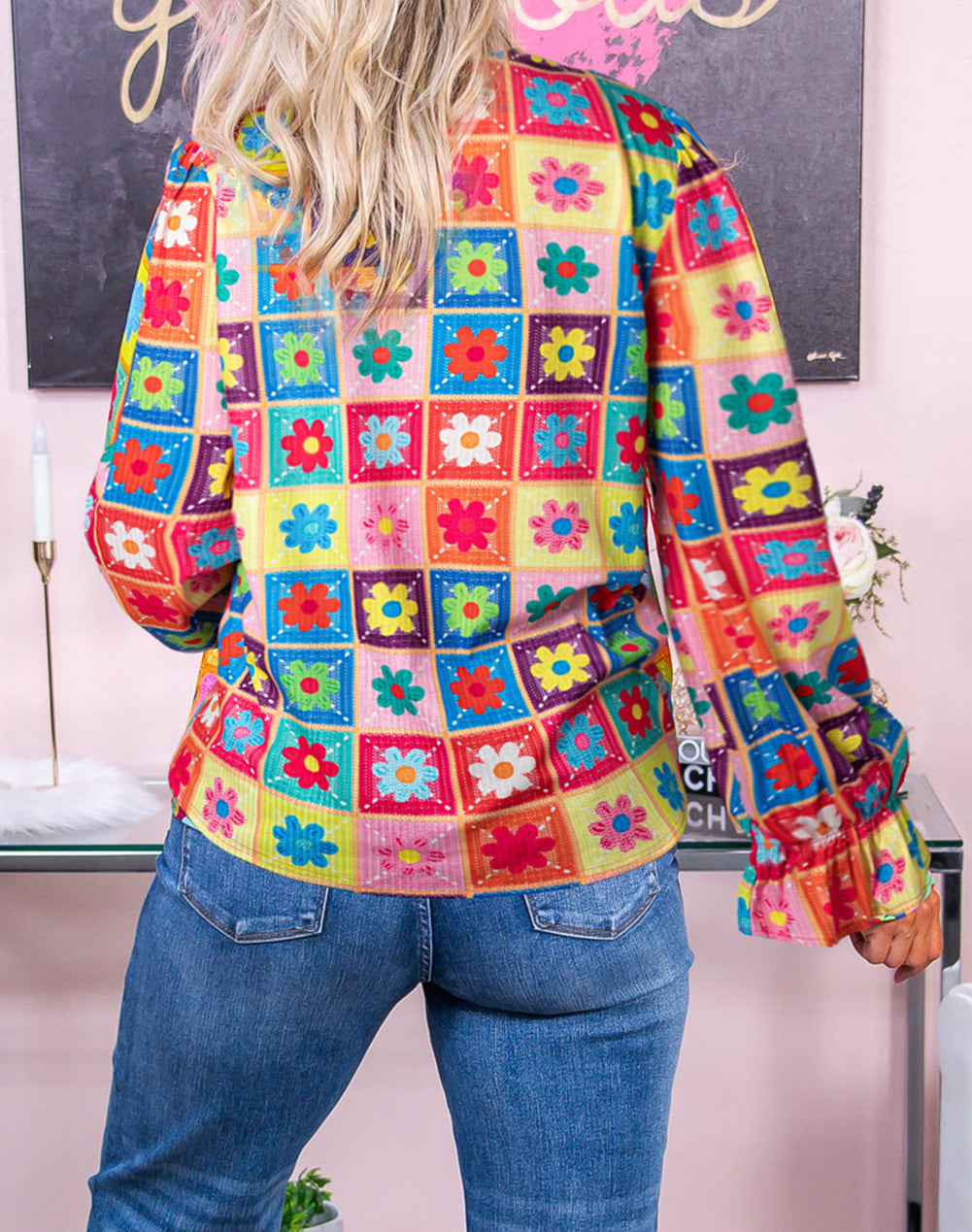 Checkered Flower Print Bubble Sleeve Blouse