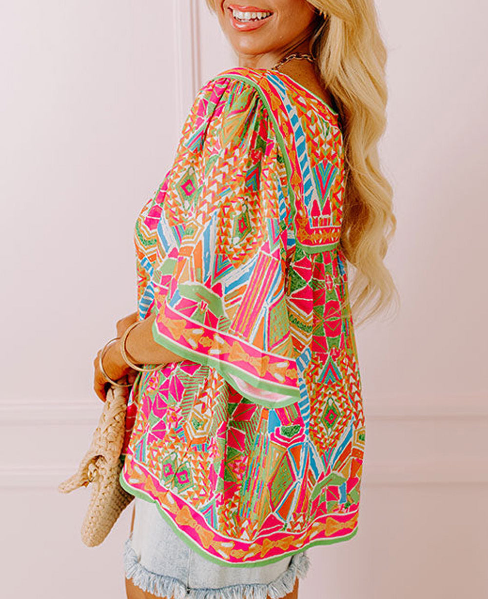 Fashion Printed Wide Sleeve Plus Size Blouse