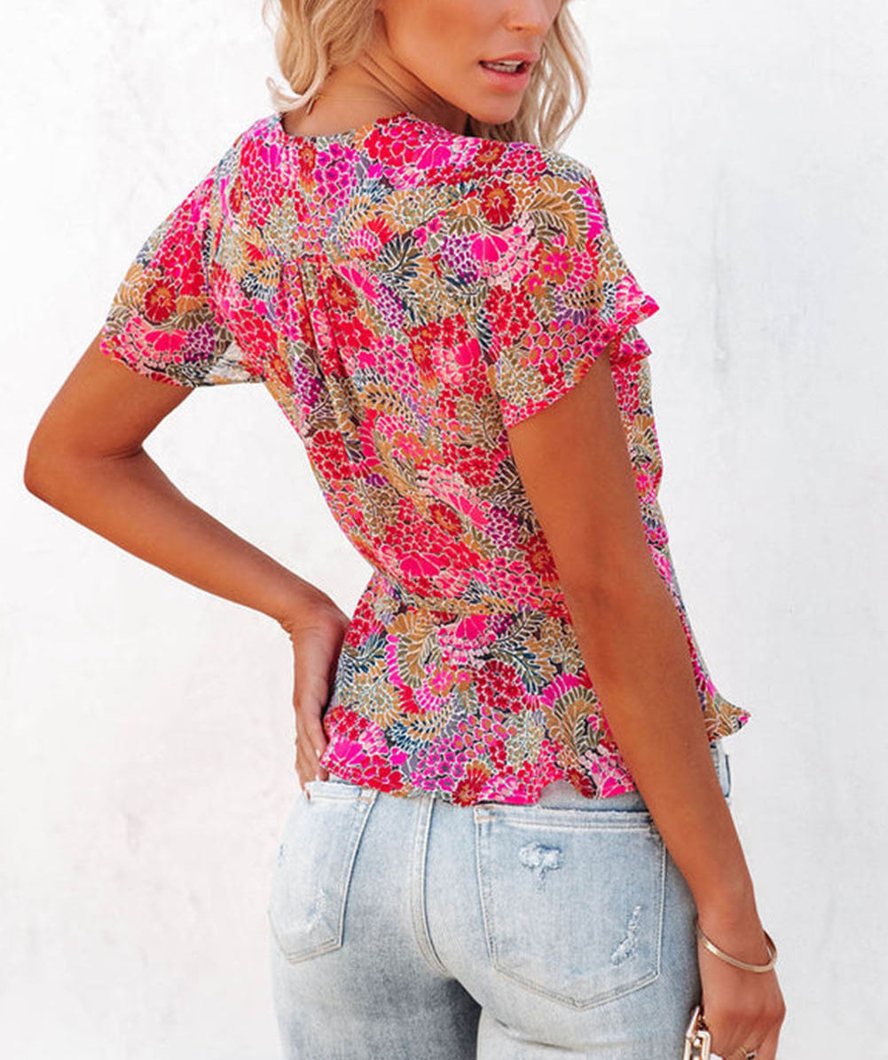 Surplice V Neck Floral Print Flutter Peplum Blouse
