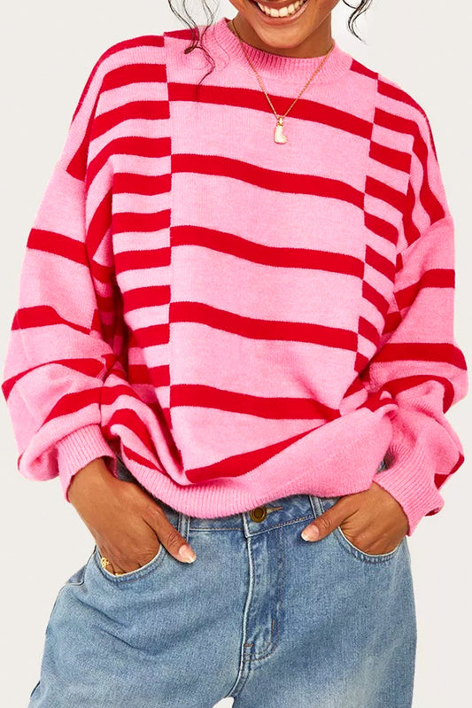 Stripe Bubble Sleeve Drop Shoulder Ribbed Trim Sweater