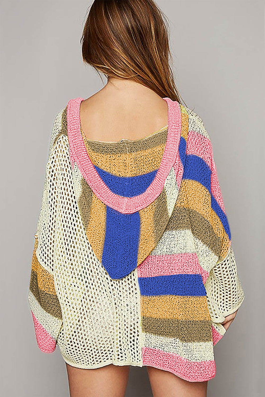 Oversized Colorblock V Neck Hooded Sweater